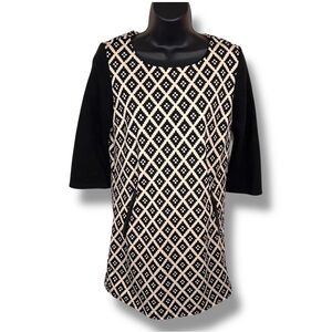 XS THML Beige Black Geometric Print Dress Faux Leather Accent 3/4 Sleeve Stretch